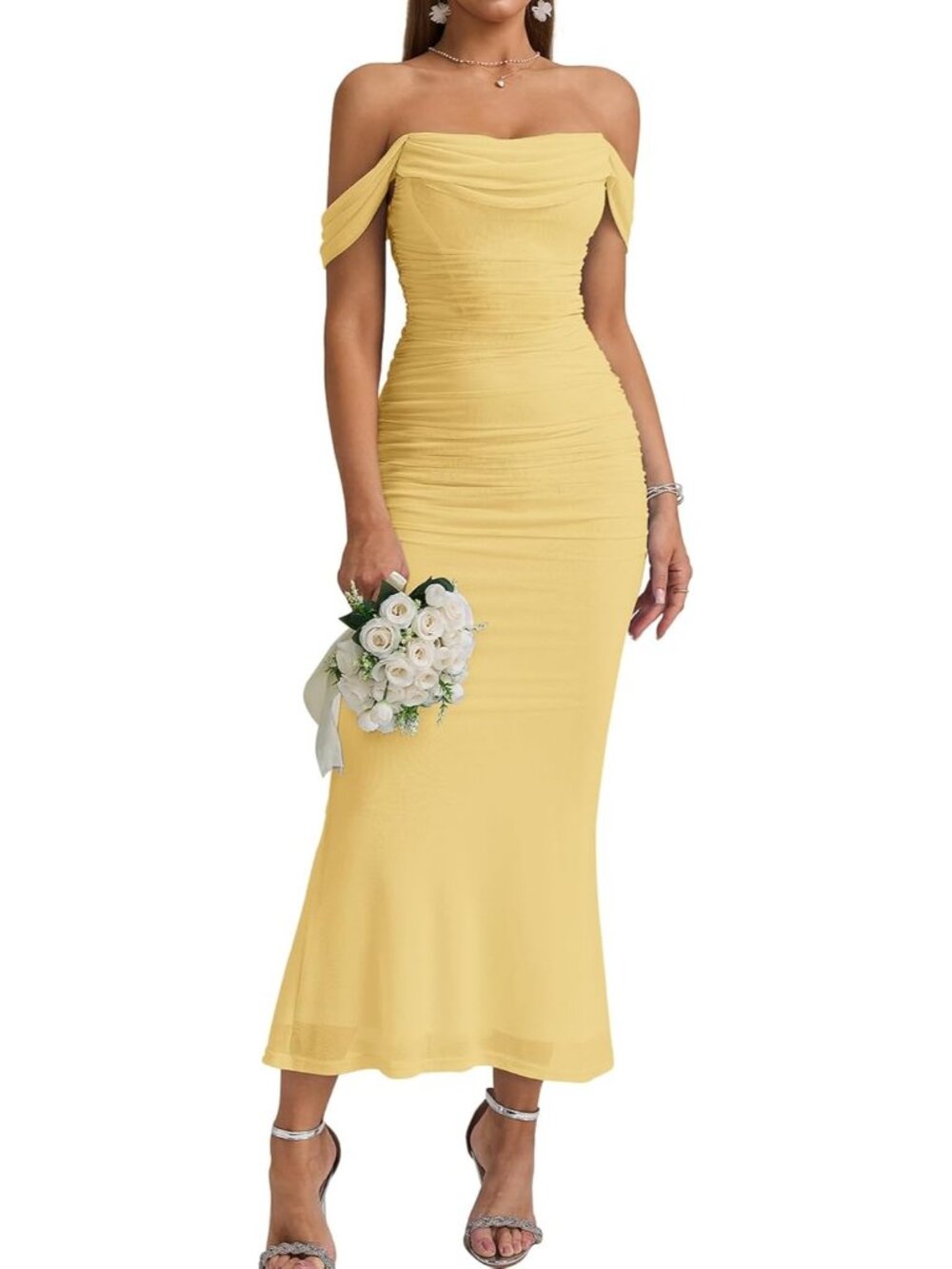 Women's Yellow Corset Ruched Off The Shoulder Bodycon Cocktail Maxi Dress